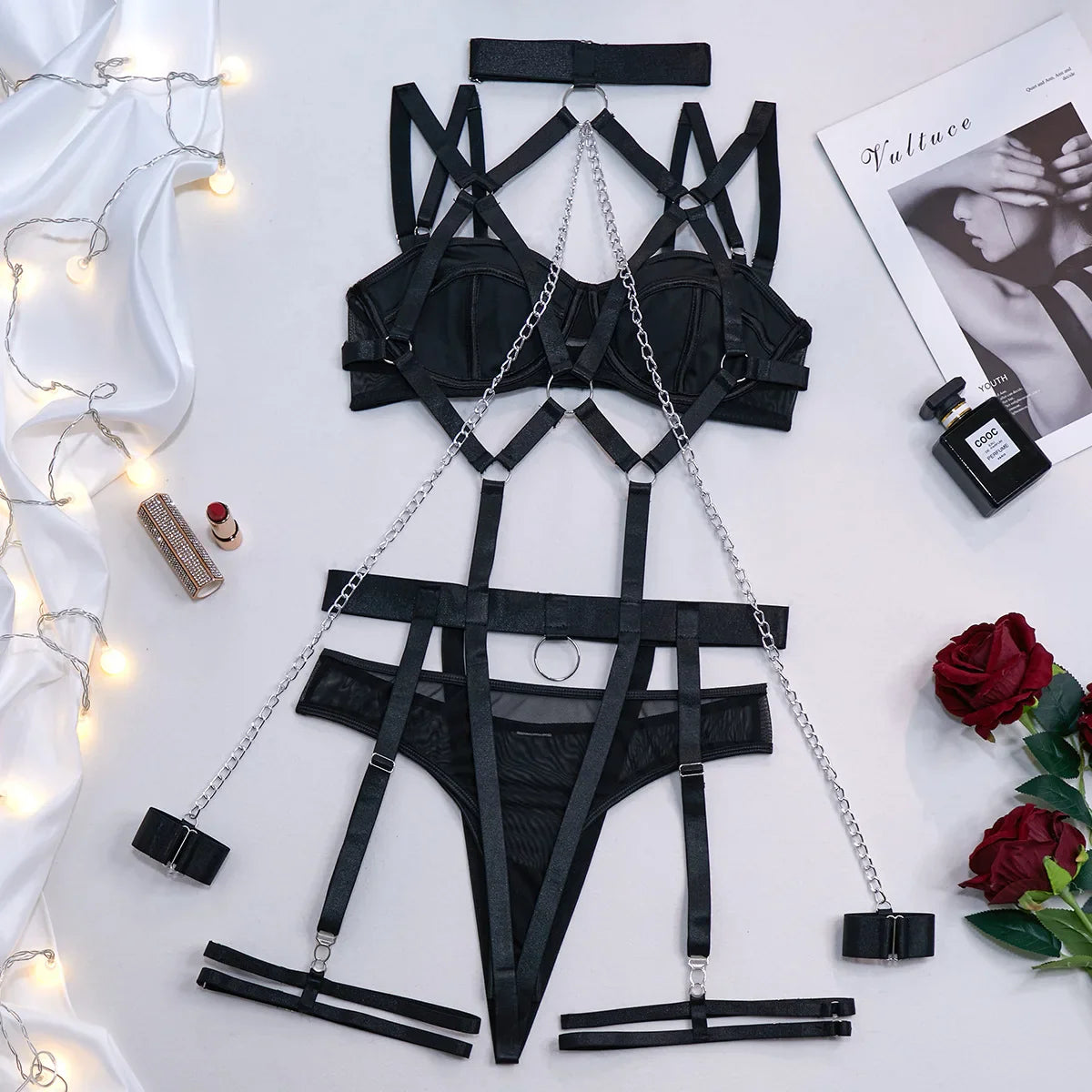 Lingerie Exotic Sensuals Metal Chain Four Piece Set Cosplay Underwear Fetish Bdsm Bondage Outfit XXX