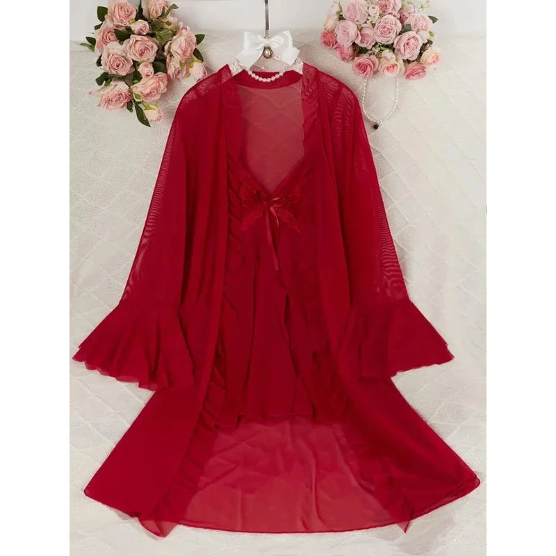 Lingerie Large-sized 200-pound Overweight Lady's Pajama Set with Suspenders Sheer Transparent Nightgown and Lace Trim