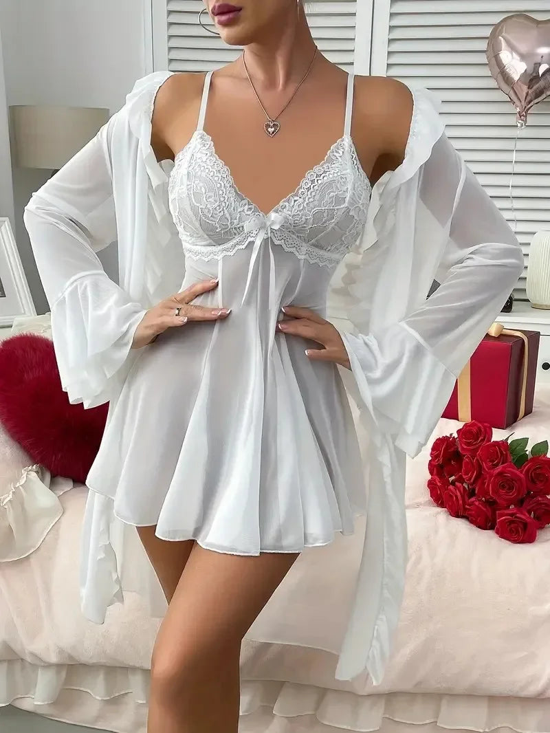 Lingerie Large-sized 200-pound Overweight Lady's Pajama Set with Suspenders Sheer Transparent Nightgown and Lace Trim