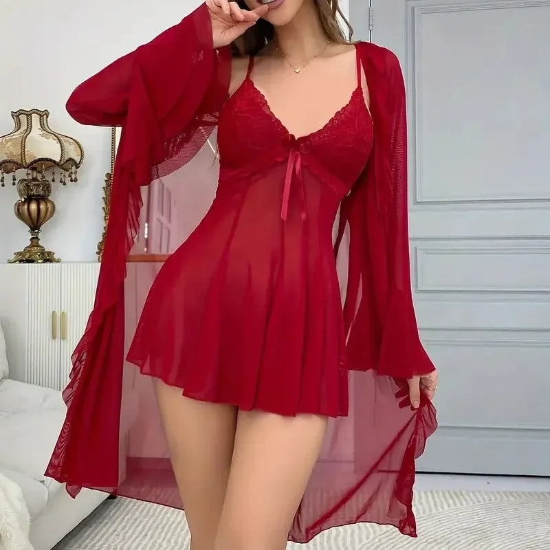 Lingerie Large-sized 200-pound Overweight Lady's Pajama Set with Suspenders Sheer Transparent Nightgown and Lace Trim