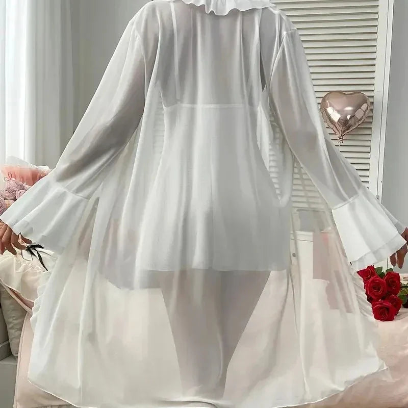 Lingerie Large-sized 200-pound Overweight Lady's Pajama Set with Suspenders Sheer Transparent Nightgown and Lace Trim