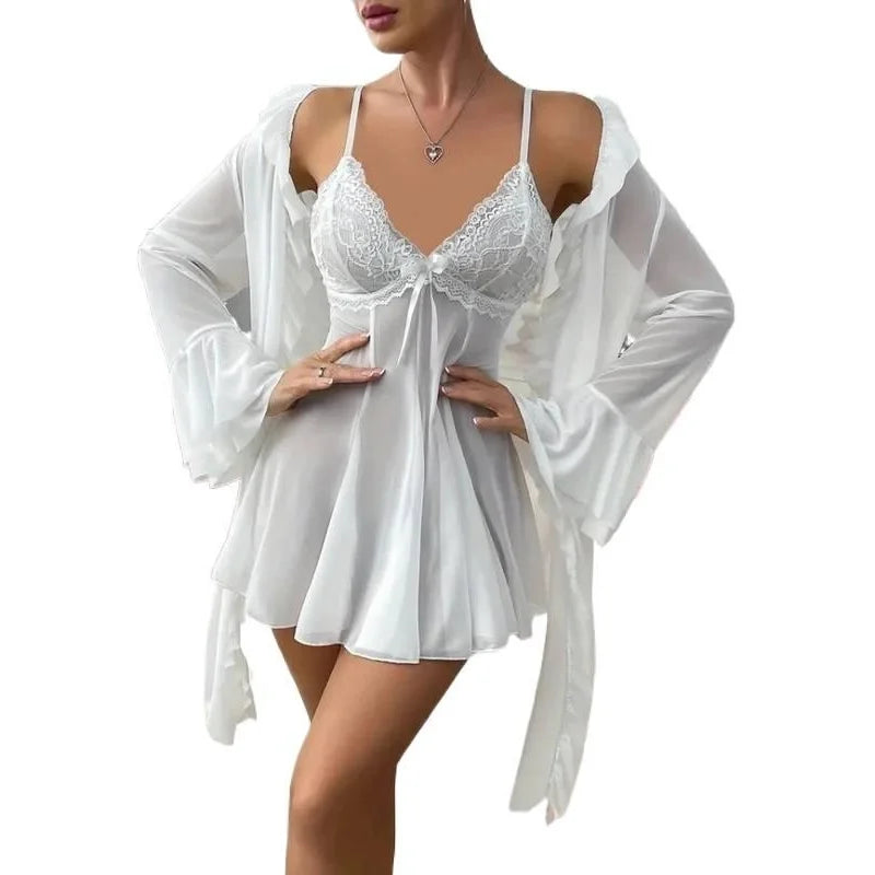 Lingerie Large-sized 200-pound Overweight Lady's Pajama Set with Suspenders Sheer Transparent Nightgown and Lace Trim