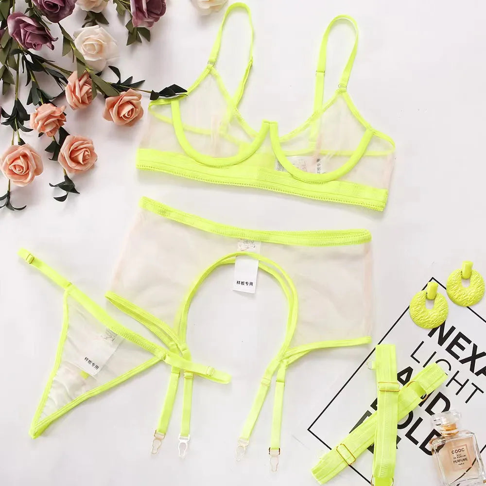 Lingerie Set Transparent Lace Neon Mesh with Seamless Bra and Panty Ultra Erotic Belt
