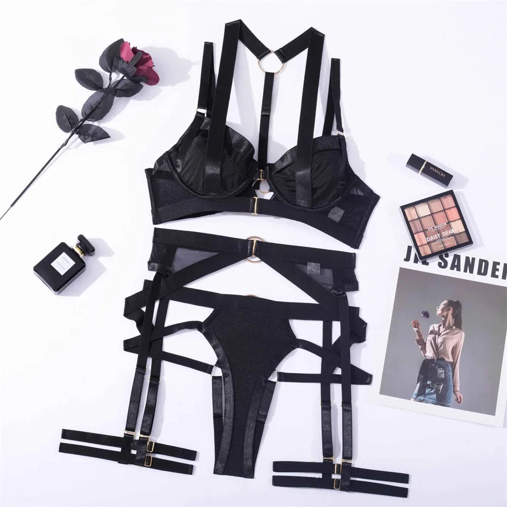 Erotic Belt 4-Piece Bra Thong Seductive Hollow Out Underwear Strap Cross Bra Set