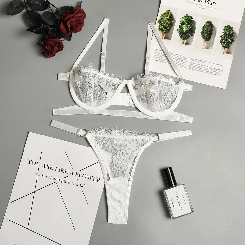 Lingerie Lace Transparent Underwear Fairy Embroidery Brief Sets Delicate Bra Kit Push Up Breves Sets Thin Erotic Bras
