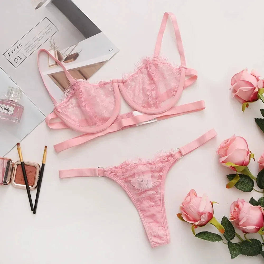 Lingerie Lace Transparent Underwear Fairy Embroidery Brief Sets Delicate Bra Kit Push Up Breves Sets Thin Erotic Bras