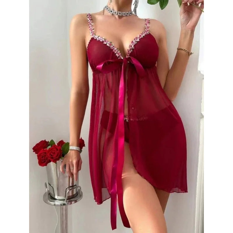 Lingerie Pendant Mesh See-through Slit Nighties Lingerie Corset  Night Gown