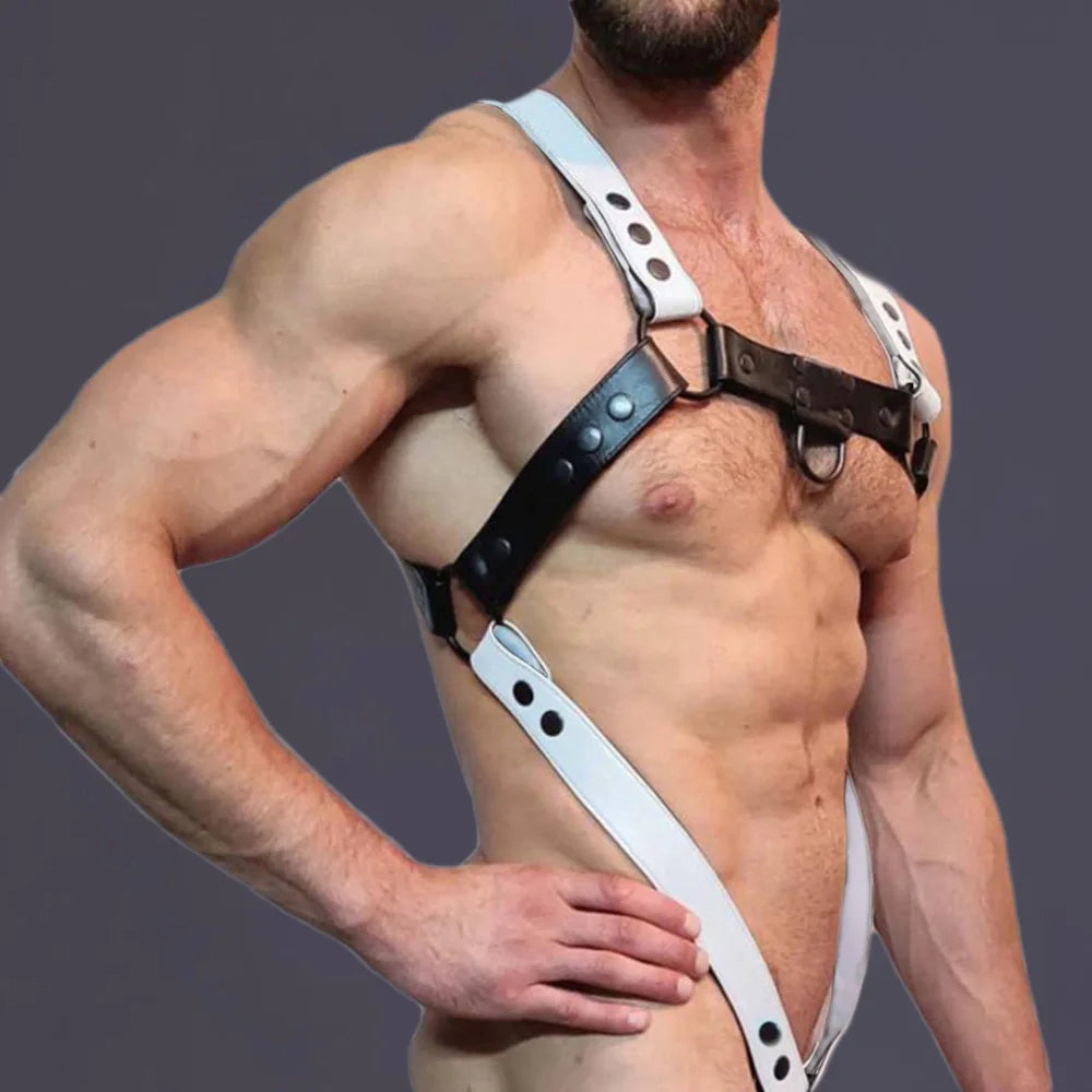 Men BlackLeather Metal Body Chest Harness Punk Male Leather Bondage Gay Club Rave  Flirting Adult Accessories