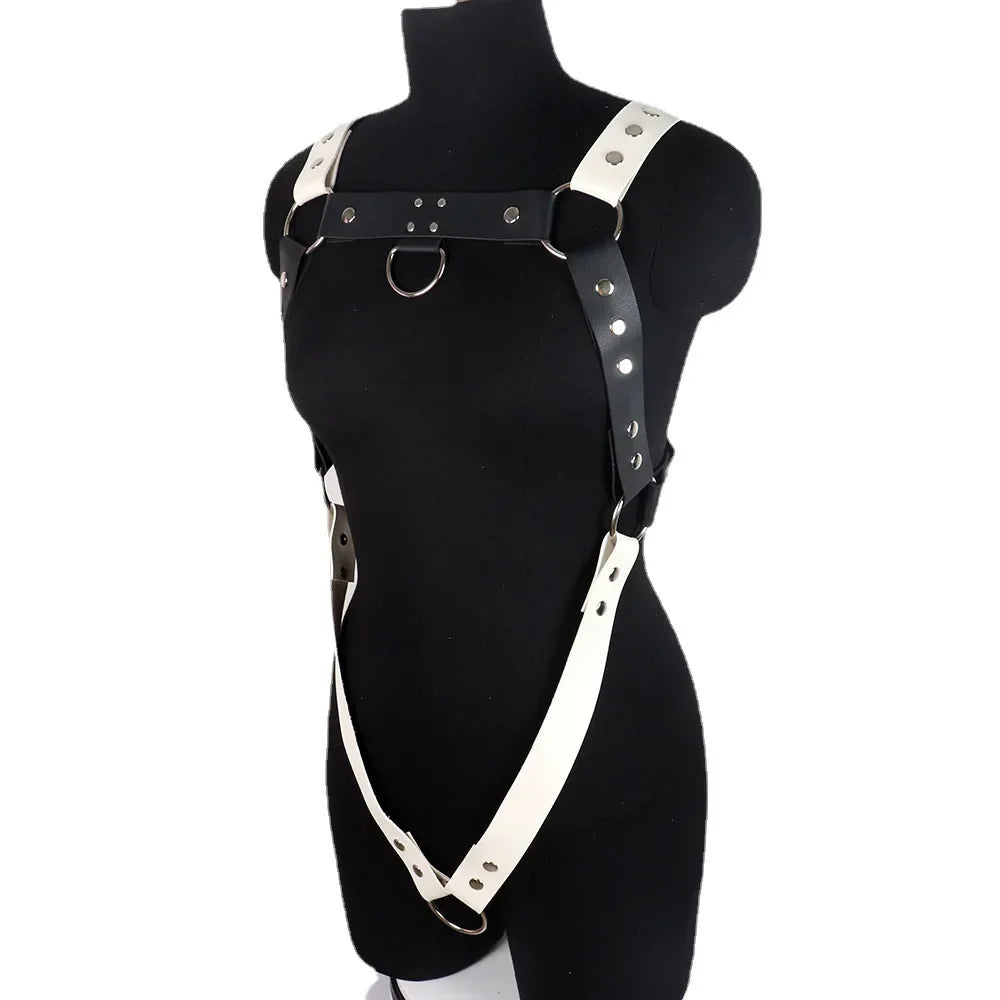 Men BlackLeather Metal Body Chest Harness Punk Male Leather Bondage Gay Club Rave  Flirting Adult Accessories