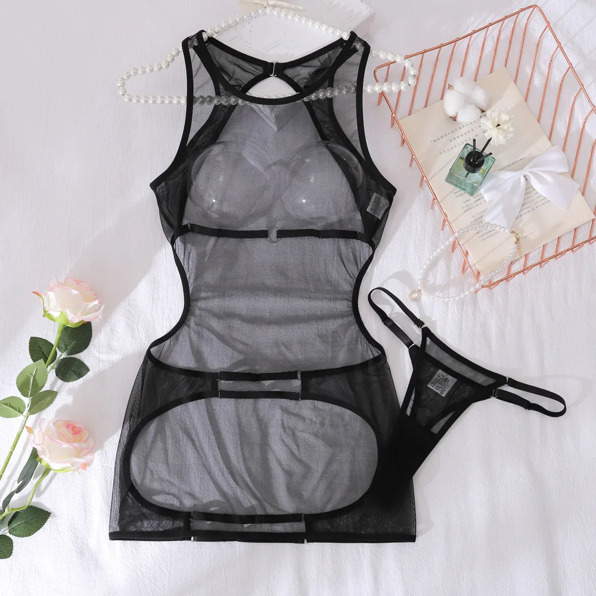 Mesh Lingerie Set Exotic Dress Sheer See Through Hollow Out Backless Bodycon Suit with Panty Underwear