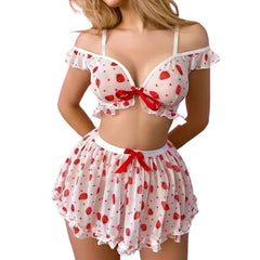 Nightgown  Strawberry Print Lace Trim Cute Pajama Short Set, Casual and Comfortable  3-piece