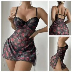 Nighties Lingerie  Night Dress Floral Print Halter Dress - Luxurious and Alluring Backless Dress