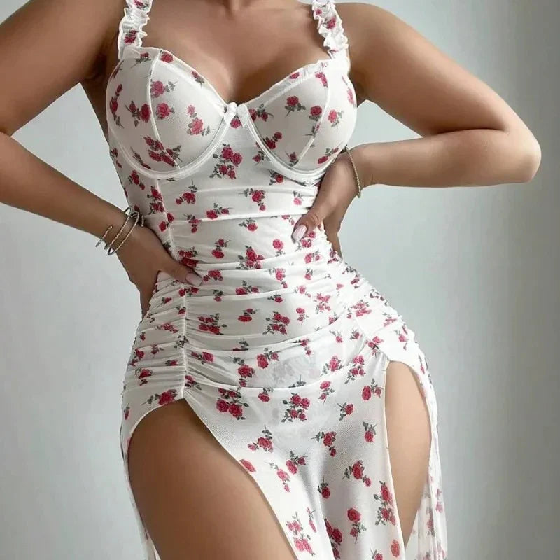 Nightwear Printed Backless Split Nightdress String Lingerie