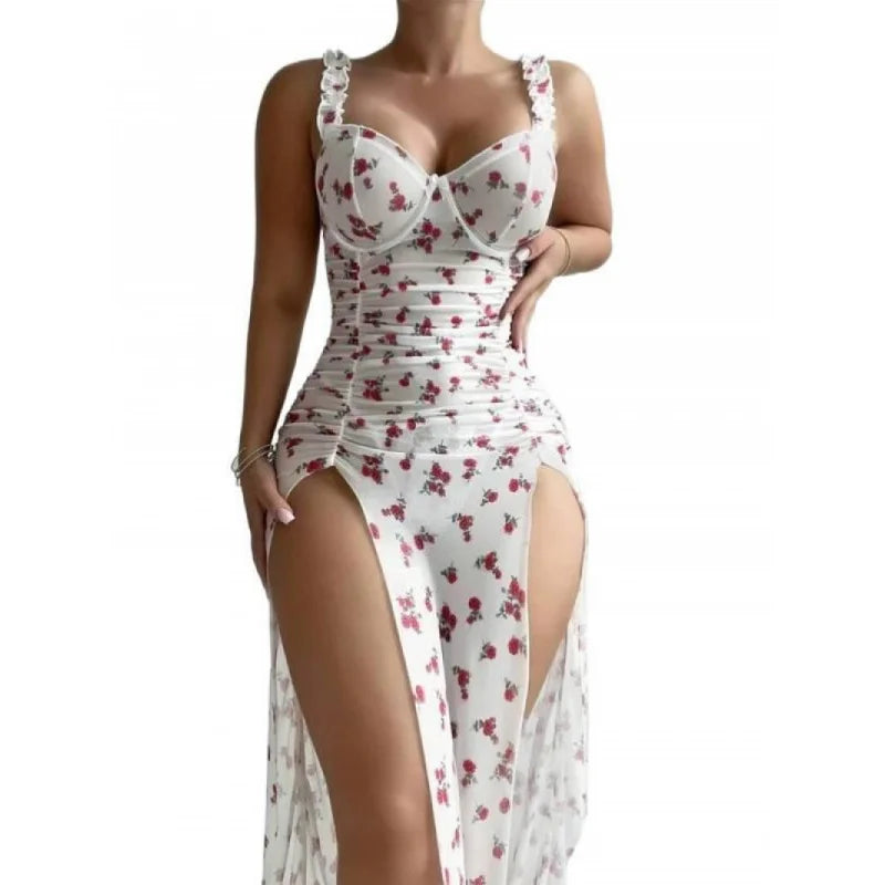 Nightwear Printed Backless Split Nightdress String Lingerie