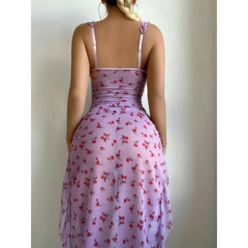 Nightwear Printed Backless Split Nightdress String Lingerie