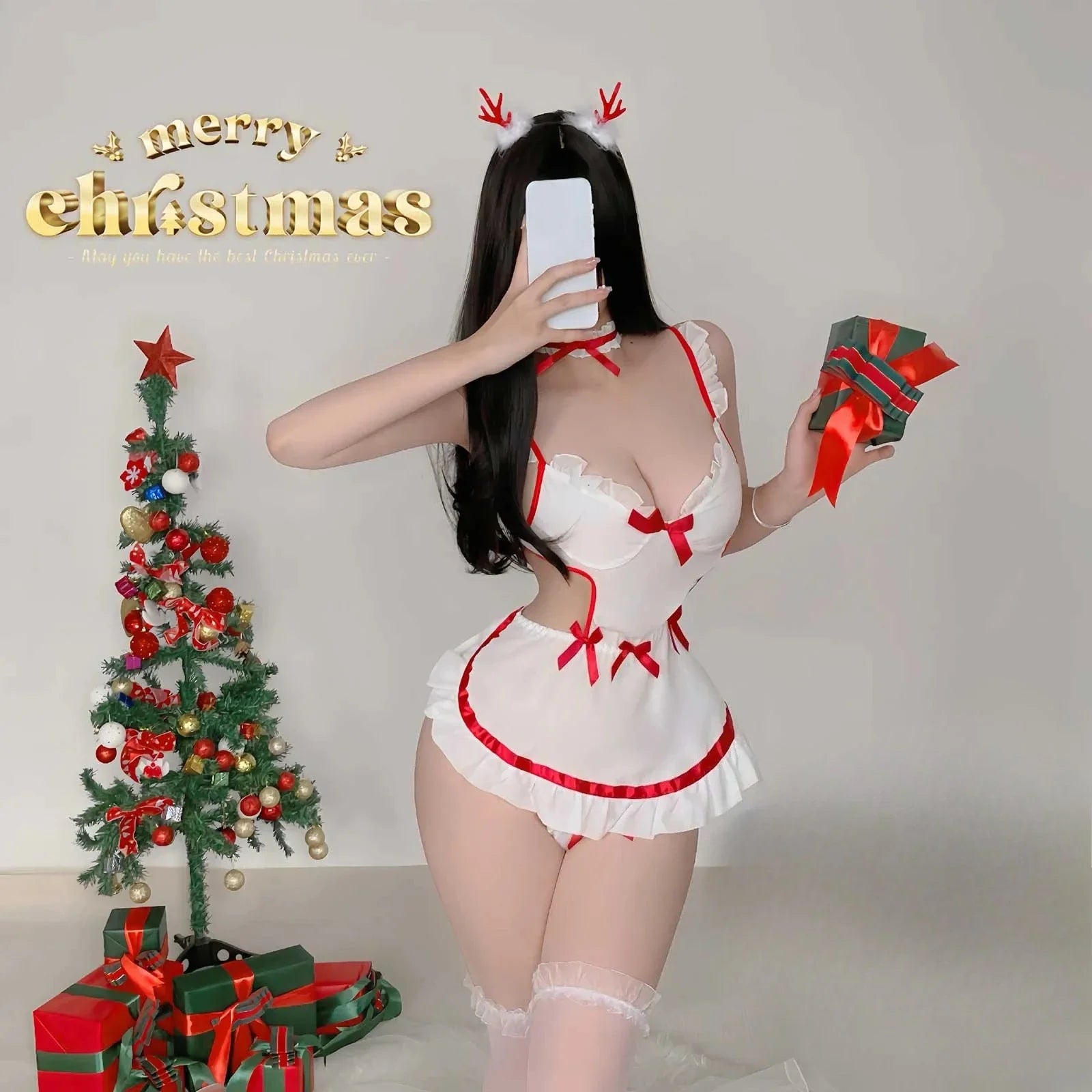 Nurse Uniform Bow Nightdress Thong Stocking Christmas Lingeries Exotic Porn Outfit Cosplay Costume