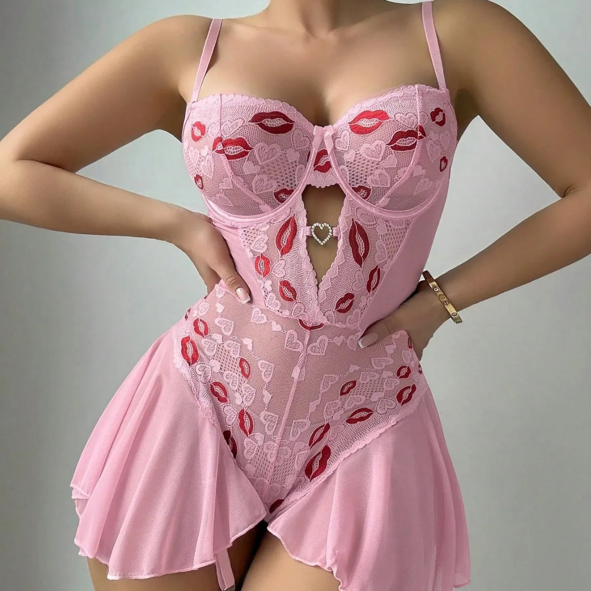 Red Lips Bra Sheer Lace High Slit Underwear Babydoll Nightgown Backless Cross Strap Embroidery Dress Lingerie Set