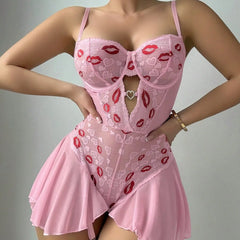 Red Lips Bra Sheer Lace High Slit Underwear Babydoll Nightgown Backless Cross Strap Embroidery Dress Lingerie Set