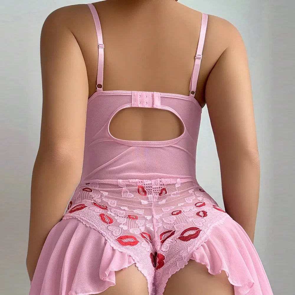 Red Lips Bra Sheer Lace High Slit Underwear Babydoll Nightgown Backless Cross Strap Embroidery Dress Lingerie Set