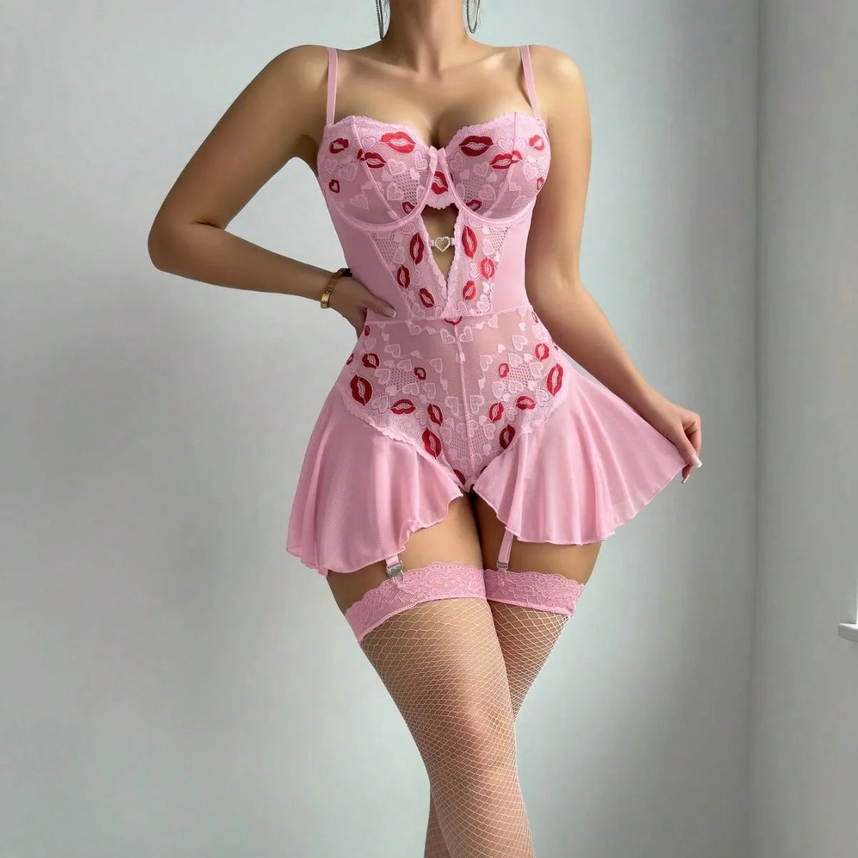 Red Lips Bra Sheer Lace High Slit Underwear Babydoll Nightgown Backless Cross Strap Embroidery Dress Lingerie Set