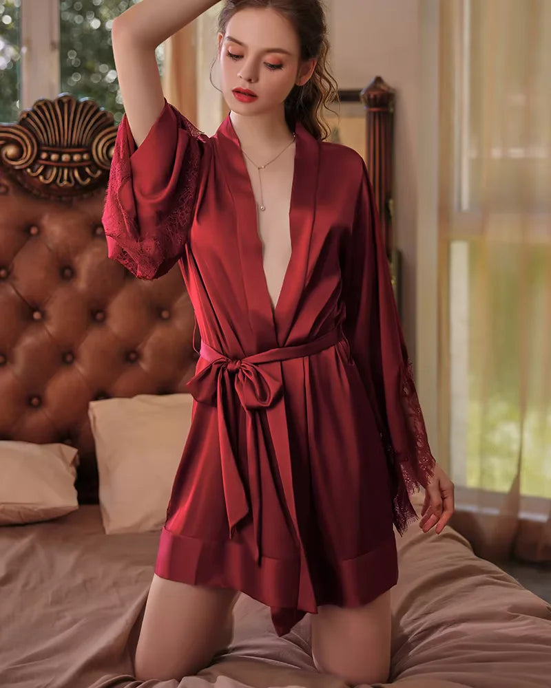 Robe with Lace Satin Nightgown Bathrobe Gown Nightdress Bride Bridesmaid Robe