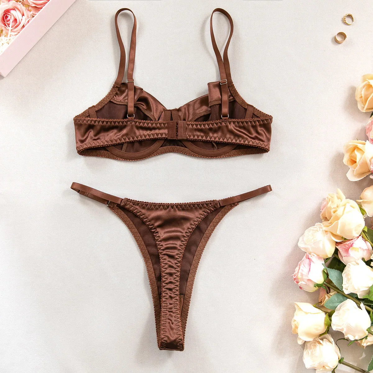 Satin Lingerie 2 Pcs Sets Patchwork Bras And Thongs Underwear Suits Attractive Bielizna Erotic Sets