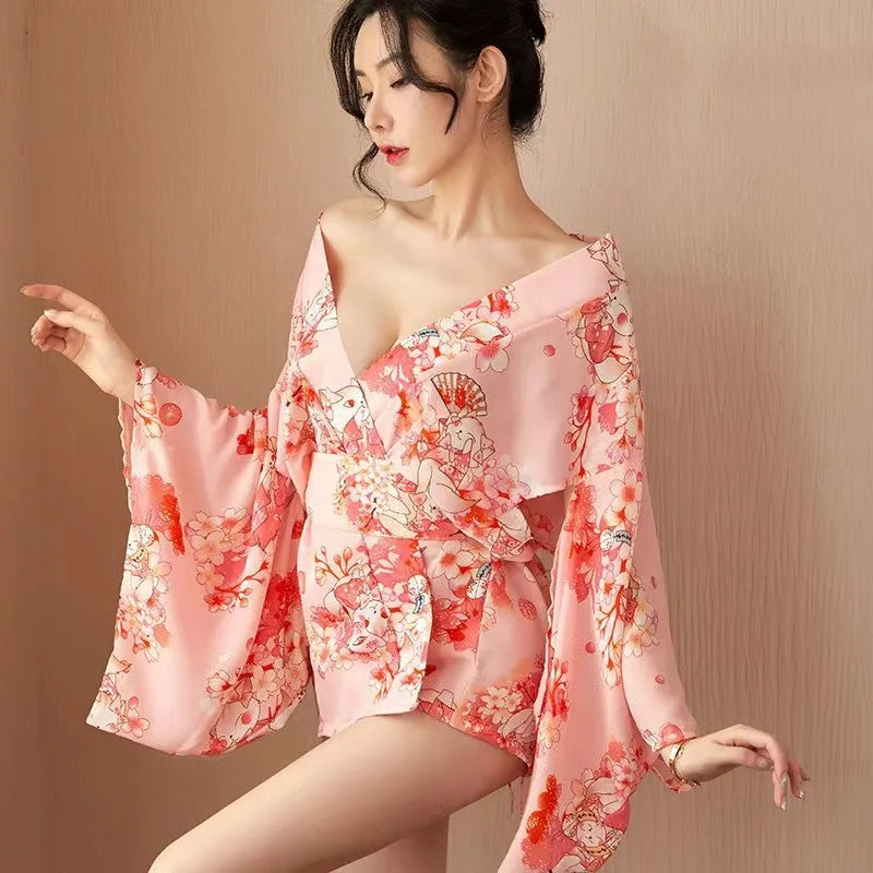 See-through Kimono Lingerie No-unbuttoning Temptation Pure Desire Print Erotic Uniform Special Use Clothing