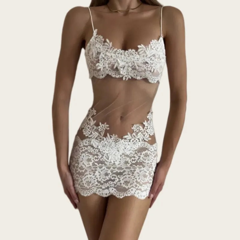 Sheer Mesh Lace Up Spaghetti Strap Dress French Elegant Lingerie Sets Lace Trim Slip Exotic Dress Club Party Outfit
