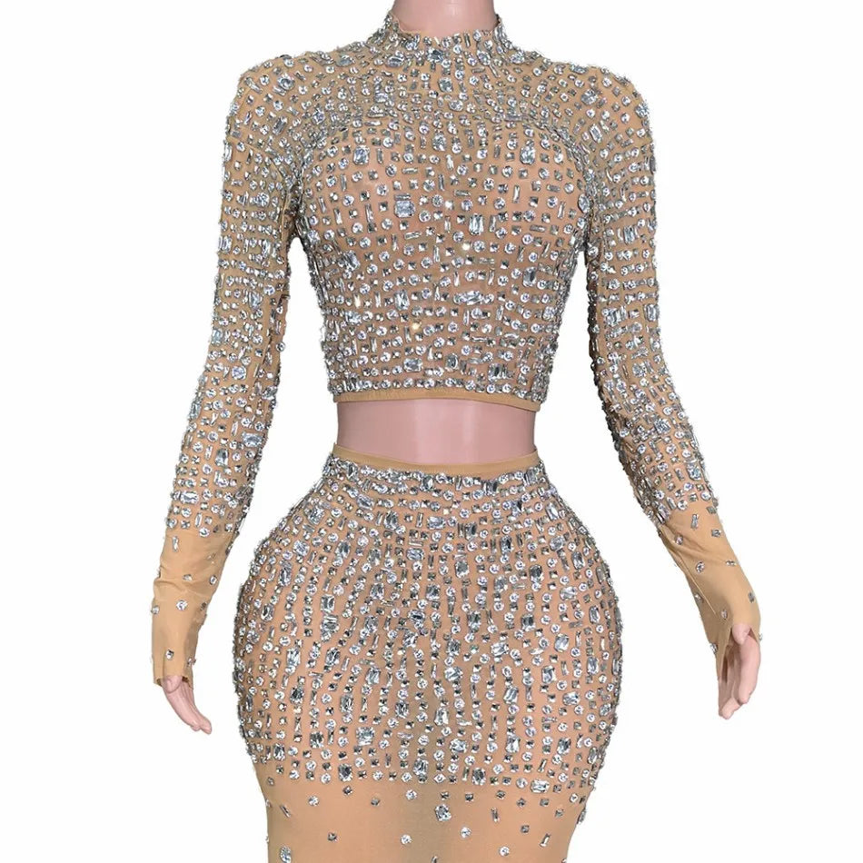 Two Piece Long Sleeve Rhinestone Dress Elegant Evening Gown