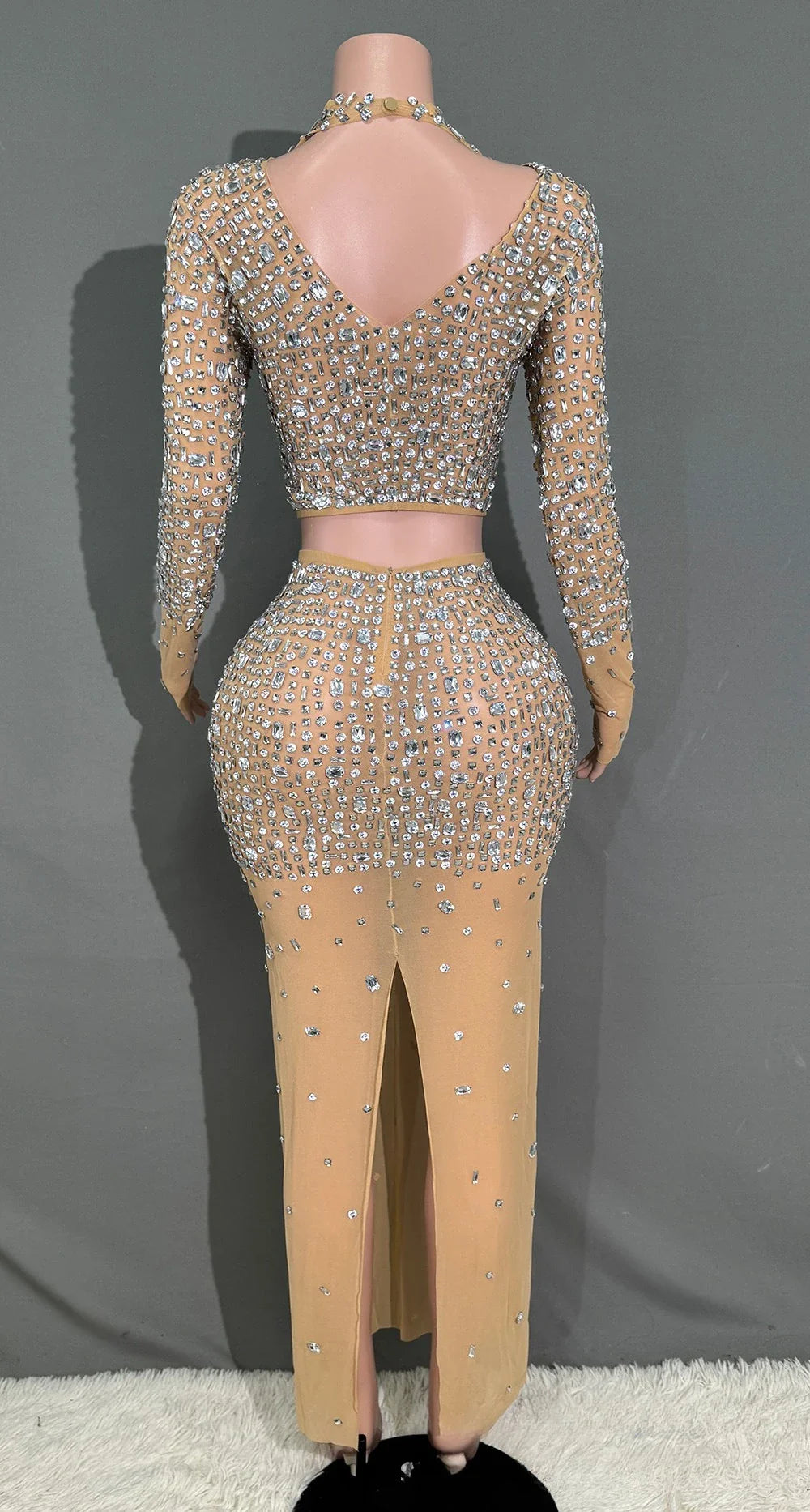 Two Piece Long Sleeve Rhinestone Dress Elegant Evening Gown