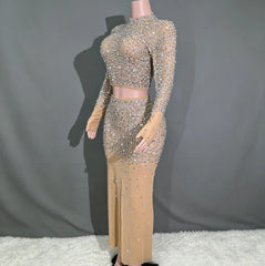 Two Piece Long Sleeve Rhinestone Dress Elegant Evening Gown