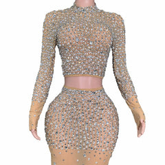 Two Piece Long Sleeve Rhinestone Dress Elegant Evening Gown