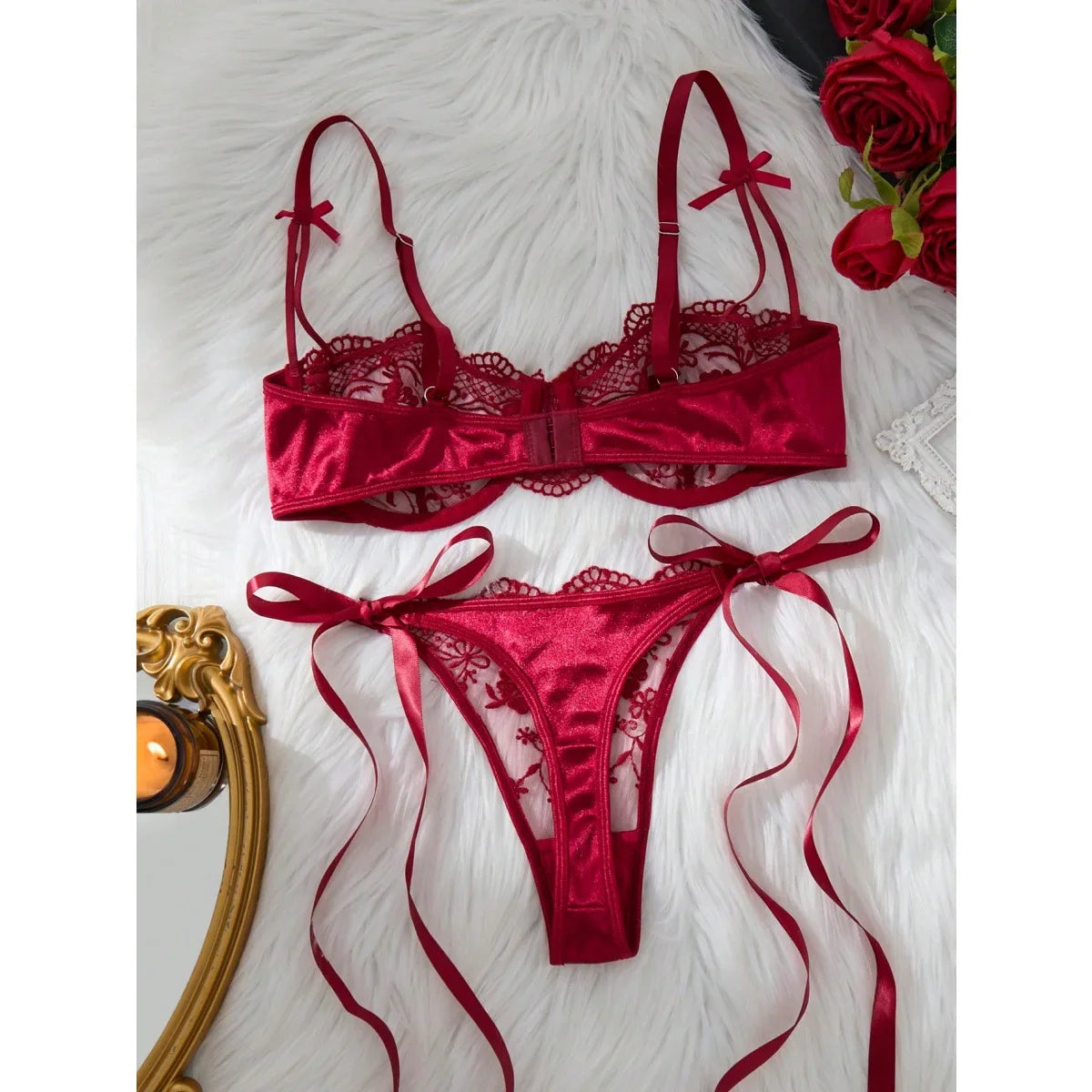 Wine Red Lace Embroidery See Through Lace Up Thong