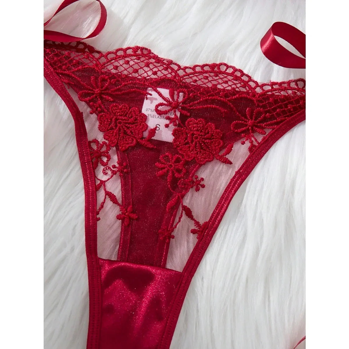 Wine Red Lace Embroidery See Through Lace Up Thong