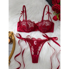 Wine Red Lace Embroidery See Through Lace Up Thong