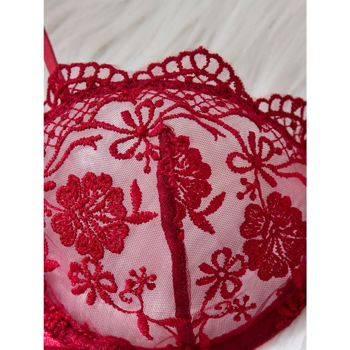 Wine Red Lace Embroidery See Through Lace Up Thong