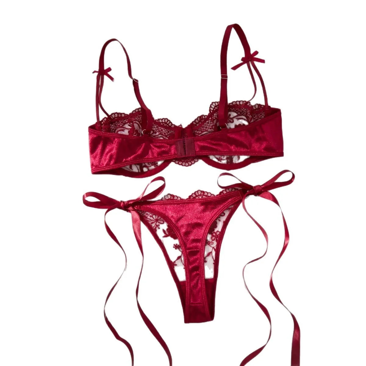 Wine Red Lace Embroidery See Through Lace Up Thong