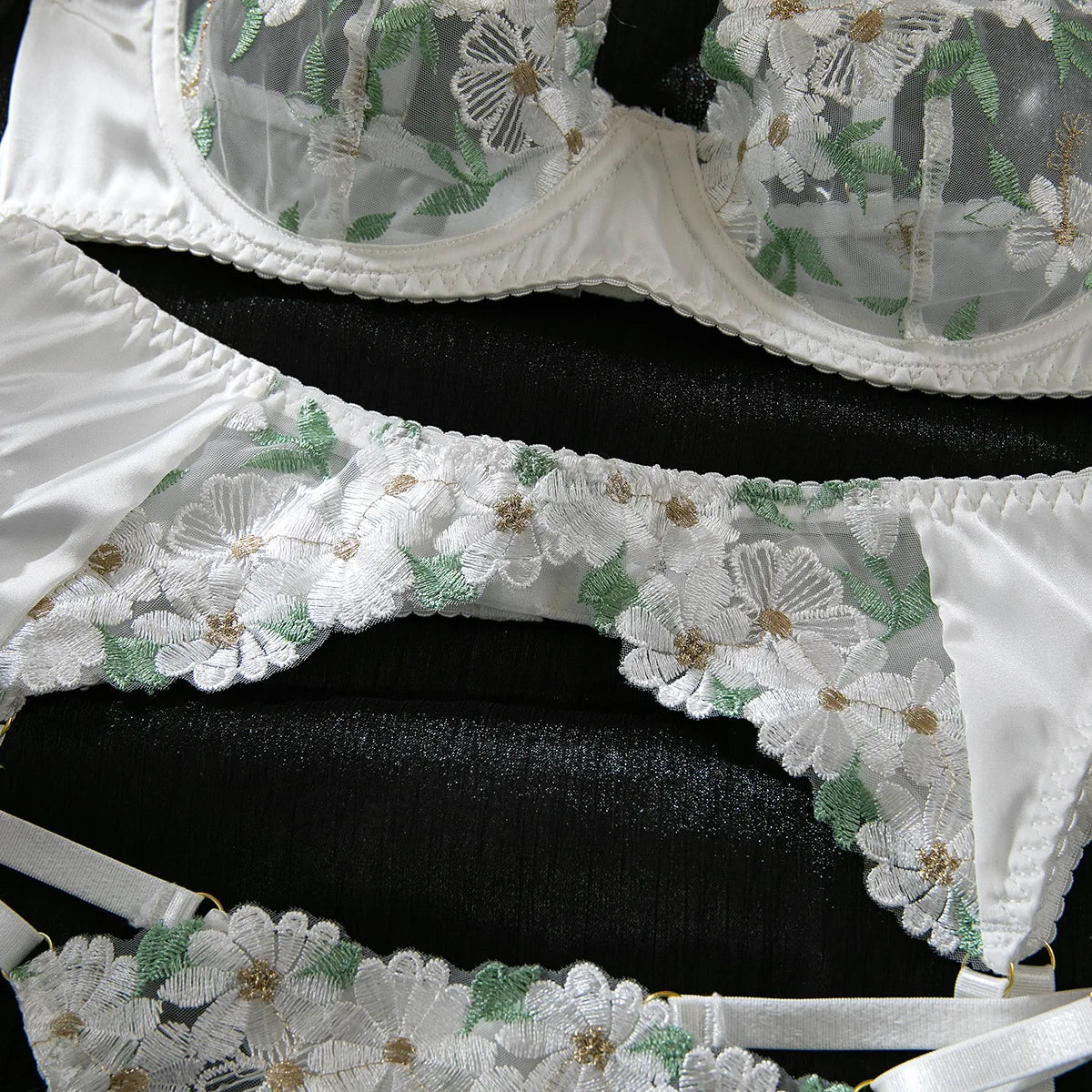 3 Piece Floral Embroidery Underwear Erotic Lingeries Romantic Lingeries Transparent Bra Sets