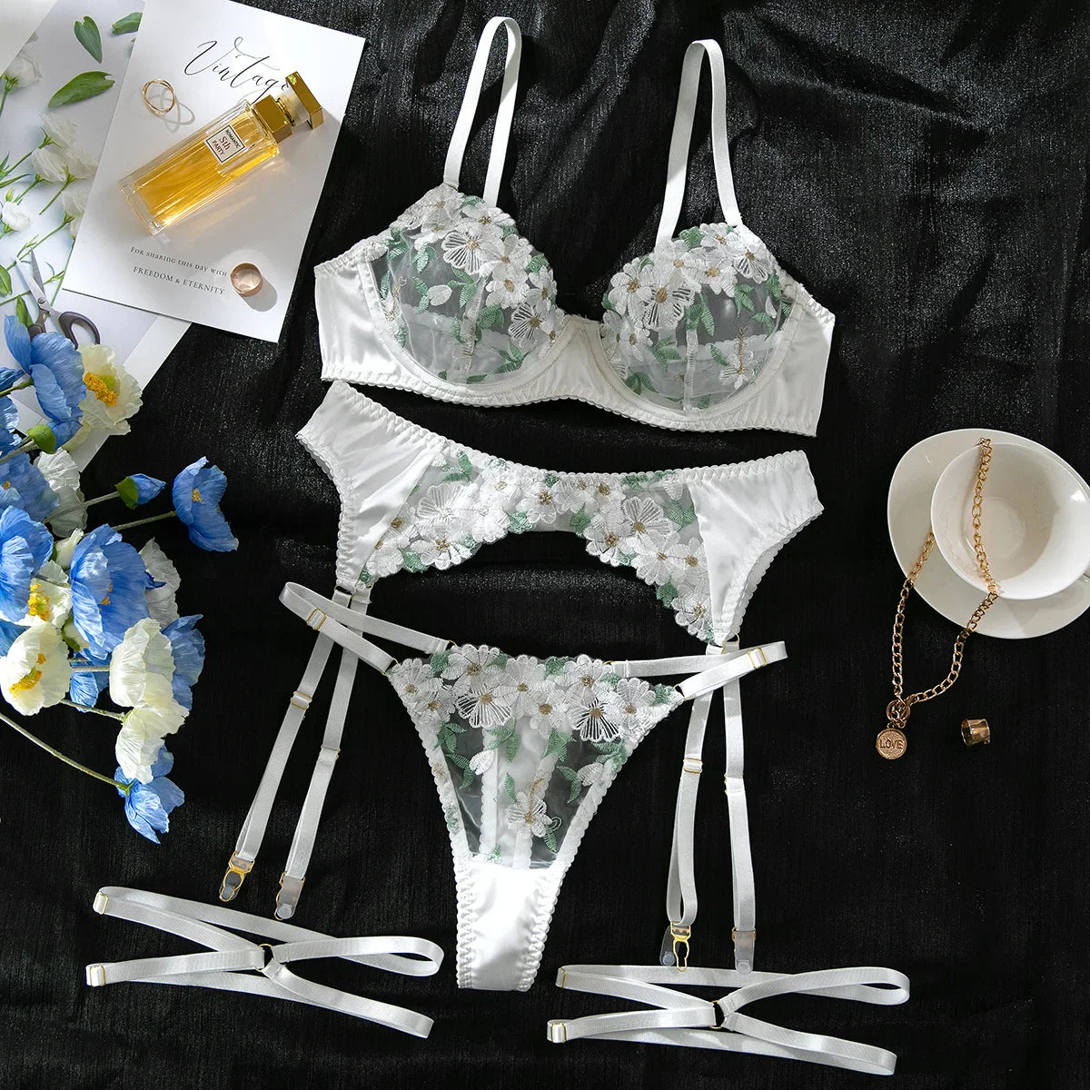 3 Piece Floral Embroidery Underwear Erotic Lingeries Romantic Lingeries Transparent Bra Sets