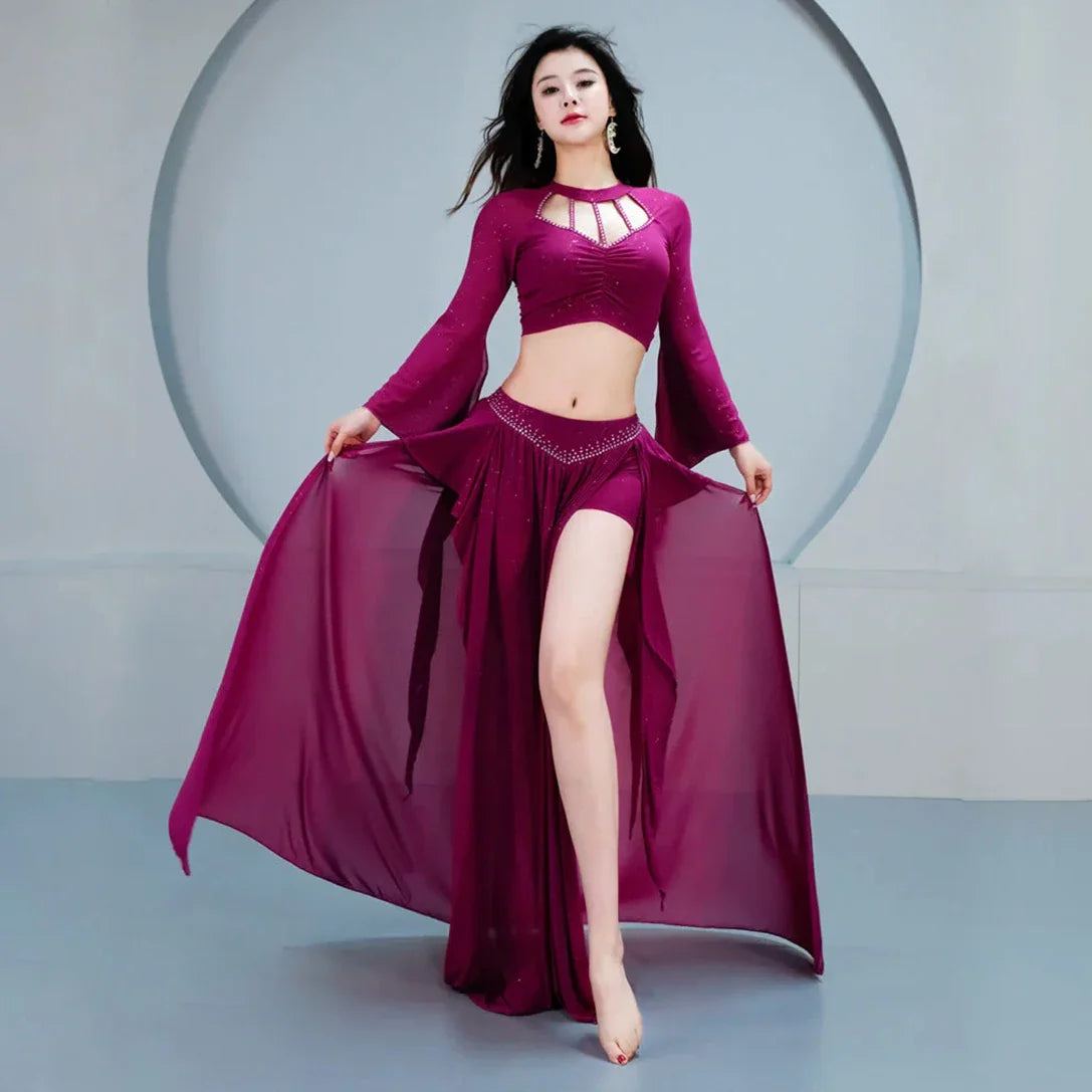Belly Dance Oriental Dance Stretched Silky Outfit Class Group Dance Long Skirt Practice Suit 2 Pieces Set