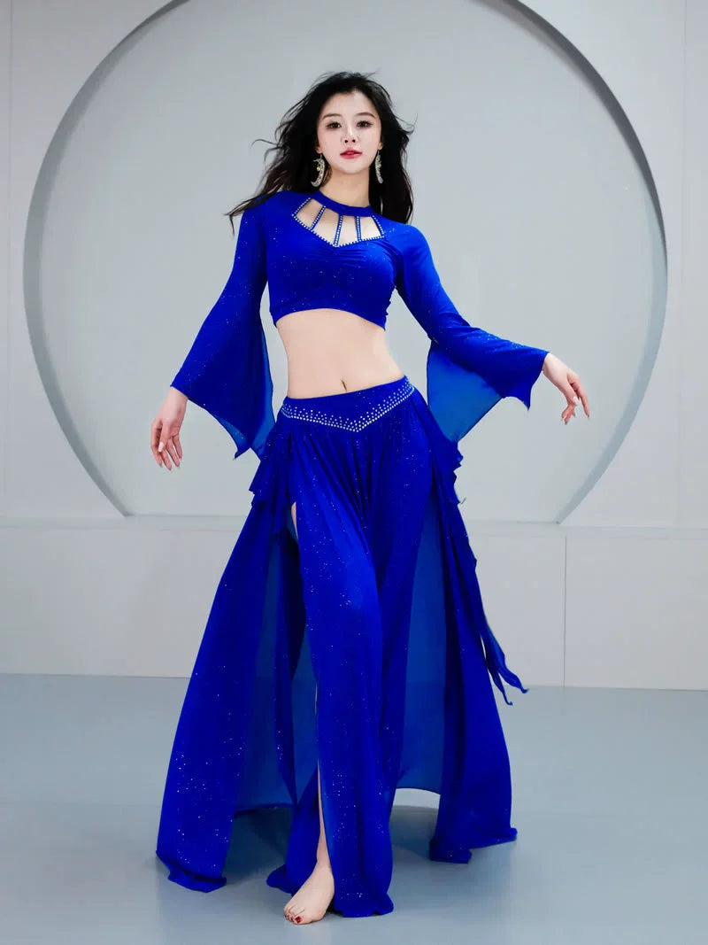 Belly Dance Oriental Dance Stretched Silky Outfit Class Group Dance Long Skirt Practice Suit 2 Pieces Set