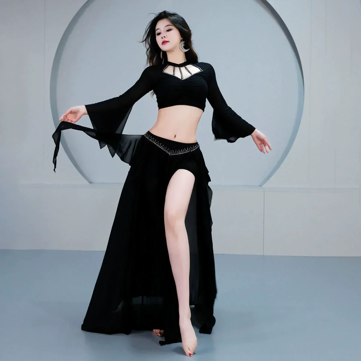 Belly Dance Oriental Dance Stretched Silky Outfit Class Group Dance Long Skirt Practice Suit 2 Pieces Set