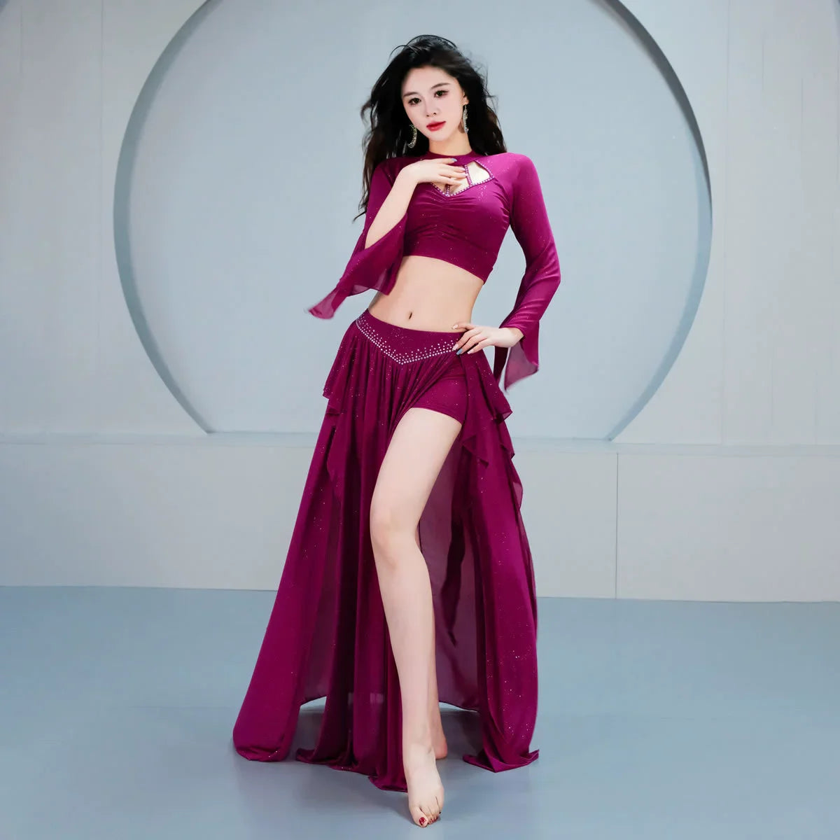 Belly Dance Oriental Dance Stretched Silky Outfit Class Group Dance Long Skirt Practice Suit 2 Pieces Set