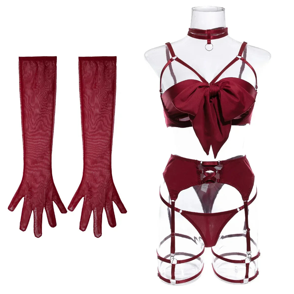 Lingerie Exotic Sensual Hollow Out Bow Decor Pure Desire Gloves Temptation Babydoll Fetish Outfit XXX