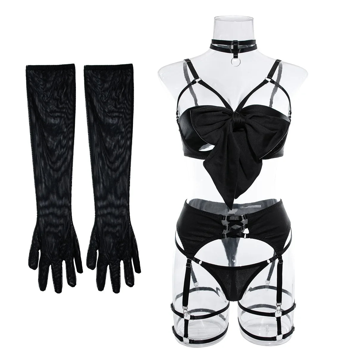 Lingerie Exotic Sensual Hollow Out Bow Decor Pure Desire Gloves Temptation Babydoll Fetish Outfit XXX
