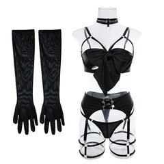 Lingerie Exotic Sensual Hollow Out Bow Decor Pure Desire Gloves Temptation Babydoll Fetish Outfit XXX
