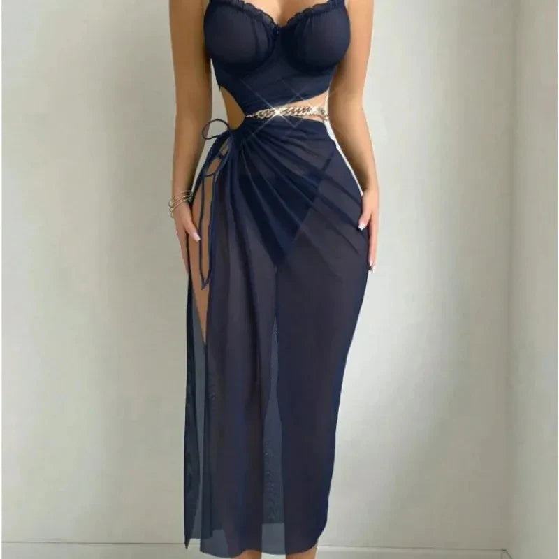 Two-piece Off-the-shoulder Beach Vacation Spring Swimsuit  Plus Size Long Nightgown NightDress Set