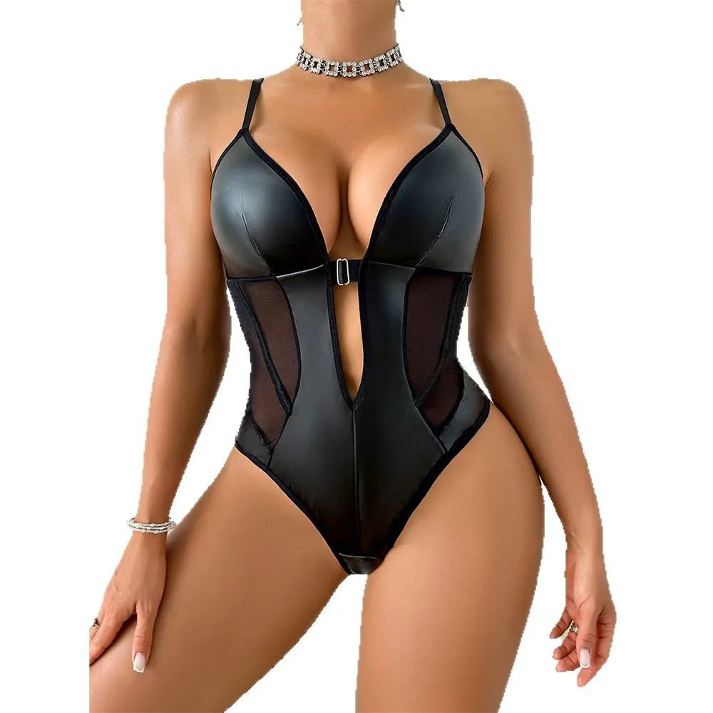 Womens Erotic PU Leather Lingerie One Piece PU Leather Jumpsuit Sleeveless Backless PU Leather