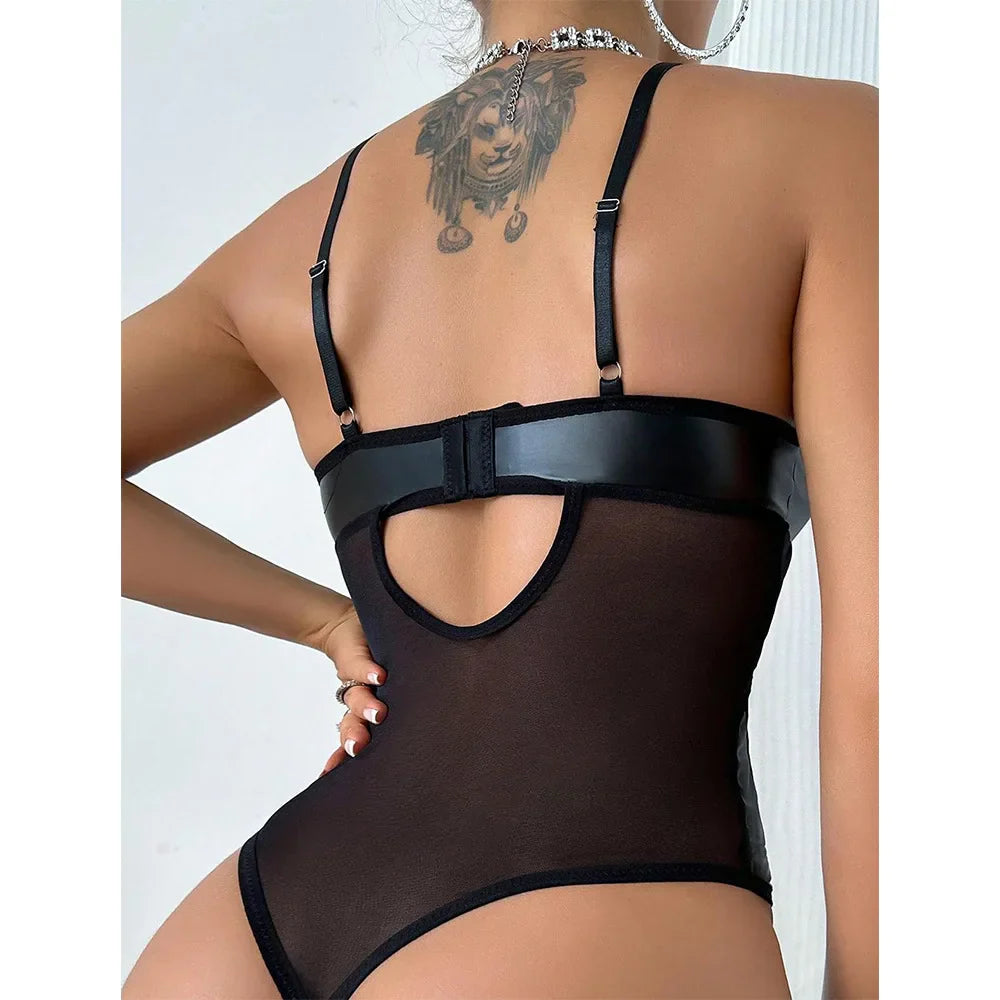 Womens Erotic PU Leather Lingerie One Piece PU Leather Jumpsuit Sleeveless Backless PU Leather