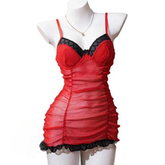 nightgown Ruched Pleated Lace Sling Camisole Strappy Mesh Underwear Nightdress Nightgown Lingerie Dress